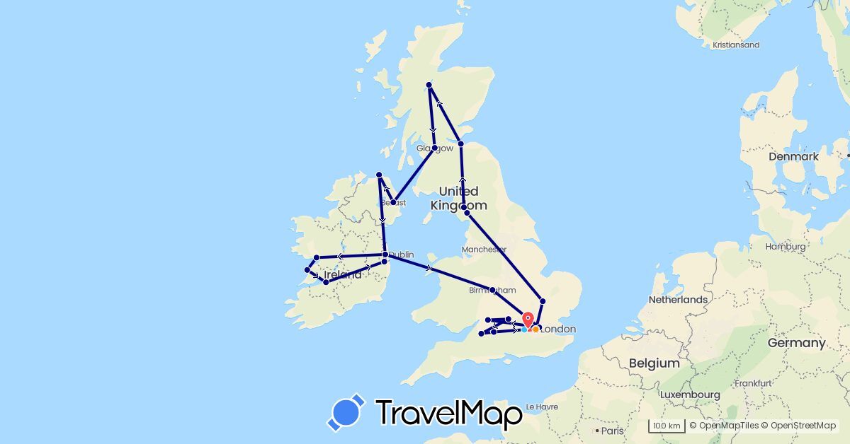 TravelMap itinerary: driving, hiking, boat, hitchhiking in United Kingdom, Ireland (Europe)